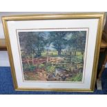 MCINTOSH PATRICK BRIDGE OVER TROUBLED WATER SIGNED IN PENCIL GILT FRAMED PRINT 53 X 62 CM