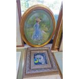 FRAMED ACRYLIC PAINTING 'AURA' BY TANIA YOUNG & 1 OVAL GILT FRAMED PASTEL DRAWING OF A GIRL WITH A