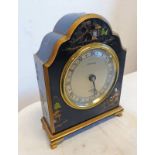 JAPANESE LACQUERED MANTLE CLOCK WITH SILVERED DIAL BY ELLIOT FOR JAMIESON AND CARRY 18CM TALL