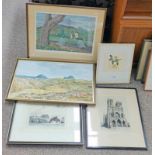 SELECTION OF 5 ETCHINGS, PAINTINGS,