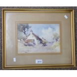 RUSSELL MACNEE HORSE & CART BESIDE A COTTAGE SIGNED GILT FRAMED WATERCOLOUR 16.5 X 24.