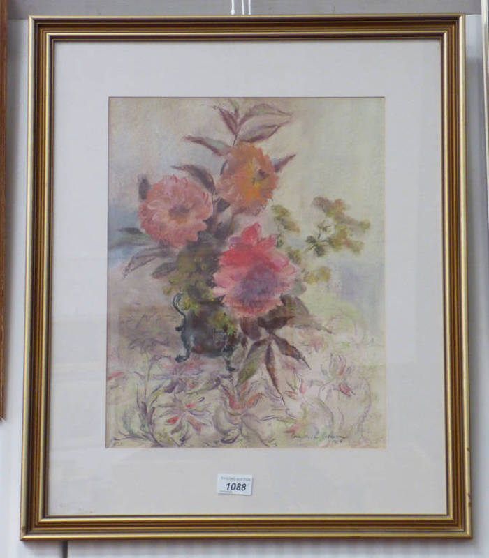 CHRISTINE PETERSON DAHLIAS ON AN EMBROIDERED CLOTH SIGNED FRAMED PASTEL 40 X 31 CM