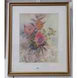 CHRISTINE PETERSON DAHLIAS ON AN EMBROIDERED CLOTH SIGNED FRAMED PASTEL 40 X 31 CM