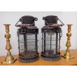 PAIR OF SHIP'S WATCH LANTERNS & PAIR OF BRASS CANDLESTICK HOLDERS