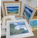 5 FRAMED JEAN SCOTT OIL PAINTINGS & WATERCOLOURS OF BEACH & GLEN SCENES ETC,