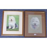 A FRAMED PASTEL DRAWING OF AN OLD ENGLISH SHEEP DOG BY DONNA ELLIOT & AN OIL PAINTING BY A