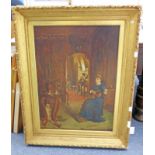 19TH CENTURY GILT FRAMED OIL PAINTING OF GIRL PLAYING GUITAR,