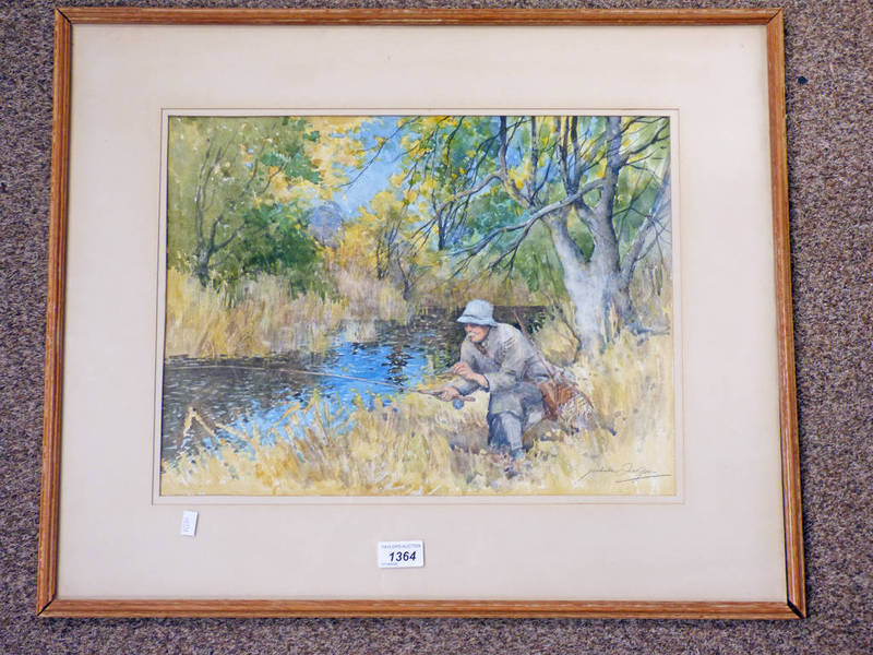 JACKSON SIMPSON FISHING BY THE STREAM SIGNED IN PENCIL FRAMED WATERCOLOUR 33 X 44 CM