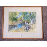 JACKSON SIMPSON FISHING BY THE STREAM SIGNED IN PENCIL FRAMED WATERCOLOUR 33 X 44 CM