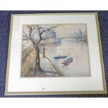 DELAWE BOATS ON RIVER SIGNED FRAMED WATERCOLOUR 44 X 53 CMS