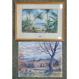 FRAMED WATERCOLOUR BY STIRLING GILLESPIE DEPICTING A TROPICAL ISLAND BEACH SCENE, SIGNED,