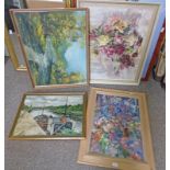 MAY HUTCHINSON OIL PAINTING 'ROSES AND FRUIT' AND 3 OTHER FRAMED OIL PAINTINGS OF COUNTRY SCENES,