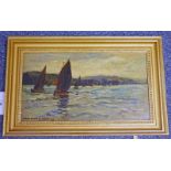 MASON HUNTER FISHING FLEET SIGNED GILT FRAMED OIL PAINTING 19 X 34 CM