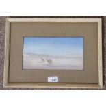 FRAMED GOUACHE CAMELS APPROACHING OASIS IN THE DESERT SIGNED IAMRACK 12.