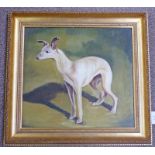 GILT FRAMED OIL PAINTING OF A WHIPPET, INDISTINCTLY SIGNED,