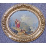 19TH CENTURY OVAL GILT FRAMED SCOTTISH SCHOOL OIL PAINTING OF A GHILLIE & GIRL WITH BAGPIPES 25 X