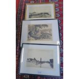 3 FRAMED ETCHINGS BY JOHN POSTLE HESELTINE TO INCLUDE 'THE RIVER THAMES AT HAMPTON COURT PALACE'