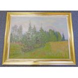LESNID TIKHOMIROV HAYMAKING SIGNED GILT FRAMED OIL ON CANVAS 58 X 78 CM Condition Report: