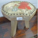 ARTS & CRAFTS STYLE OAK STOOL WITH LEATHER TOP Condition Report: Well worn,