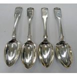 2 PAIRS OF SILVER FIDDLE PATTERN DESSERT SPOONS : EDINBURGH 1814 & LONDON 1885 - 155G