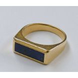 LAPIS LAZULA SET SIGNET RING, THE YELLOW METAL MOUNT MARKED 14K - 6.