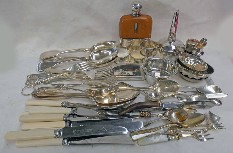 SELECTION OF SILVER PLATED CUTLERY, SILVER PLATED HIP FLASK, WINE TASTERS,