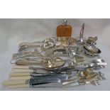 SELECTION OF SILVER PLATED CUTLERY, SILVER PLATED HIP FLASK, WINE TASTERS,