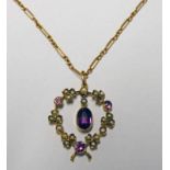 AMETHYST AND SEED PEARL PENDANT MARKED 9CT ON CHAIN MARKED 15CT