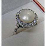 CULTURED PEARL & DIAMOND CLUSTER RING,