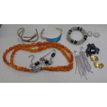 DOUBLE STRAND AMBER COLOUR BEAD NECKLACE, ARMANI BANGLE, PASTE SET JEWELLERY,