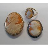 9CT GOLD CAMEO RING, 9CT GOLD CAMEO BROOCH,