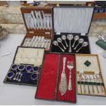 SELECTION OF SILVER PLATED CASE CUTLERY INCLUDING FRUIT SPOONS, TEA SPOONS, CRUET SET,