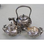 CHINESE 3 PIECE SILVER TEA SET DECORATED WITH DRAGONS & CHINESE MARKS TO BASE TO INCLUDE TEAPOT,