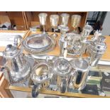 LARGE SELECTION OF SILVER PLATED WARE TO INCLUDE COFFEE POT, CANDLE STICK, GOBLETS, NAPKIN RINGS,