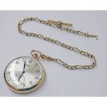 LONGINES 9CT GOLD SLIM LINE OPEN FACE POCKETWATCH ON A YELLOW METAL WATCH CHAIN THE HOOK STAMPED
