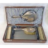 OAK CASED SILVER DRESSING TABLE SET WITH HAND MIRROR, COMB & 3 BRUSHES,