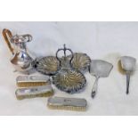 4 SILVER BRUSHES, ALL BIRMINGHAM SILVER HAND MIRROR WITH ENGINE TURNED DECORATION,