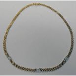 18CT GOLD FLAT LINK CHAIN NECKLACE WITH 3 DIAMOND SET PANELS - 29.