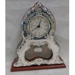 LOT WITHDRAWN - 925 SILVER MOUNTED MAHOGANY MANTLE CLOCK - 26CM TALL