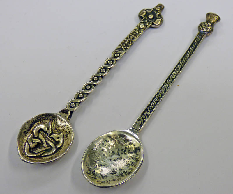 2 IONA SILVER SPOONS BY IAIN MCCORMACK WITH CELTIC CROSS & THISTLE STEMS