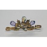 YELLOW METAL AMETHYST & CITRINE SET THISTLE BROOCH