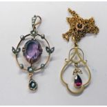 9CT GOLD SEED PEARL & AMETHYST PENDANT AND A YELLOW METAL PEARL & GARNET PENDANT ON LINE CHAIN