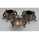 CHINESE SILVER 3 PIECE CRUET SET WITH DRAGON SUPPORTS & ENGRAVED DECORATION 0 MARKED TO UNDERSIDE