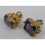 2 19TH CENTURY GILT METAL MOUNTED AMETHYST FOB SEALS