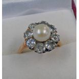 CULTURED PEARL & DIAMOND CLUSTER RING, THE OLD BRILLIANT-CUT DIAMONDS OF APPROX 1.