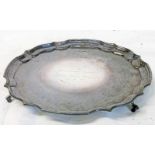 SILVER SALVER ON 3 FEET & DECORATIVE EDGE INSCRIBED 'PRESENTED TO JOHN HAY' POSSIBLY EDINBURGH - 15.