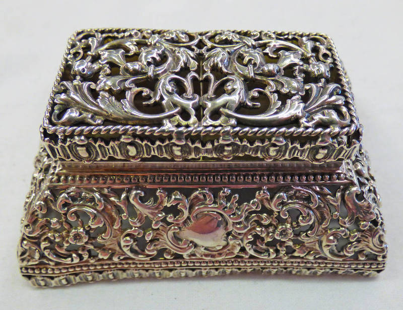 SILVER DOUBLE STAMP BOX MARKED STERLING WITH FLORAL PIERCED WORK DECORATION