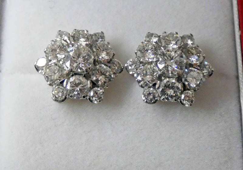 PAIR DIAMOND CLUSTER EARRINGS, THE BRILLIANT-CUT DIAMONDS OF APPROX. 2.
