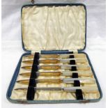 CASED SET OF 6 SILVER AND MOTHER OF PEARL TEA KNIVES,