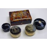 19TH CENTURY TORTOISESHELL & WHITE METAL INLAID TRINKET BOX, CIRCULAR BOX WITH GOLD DECORATION,